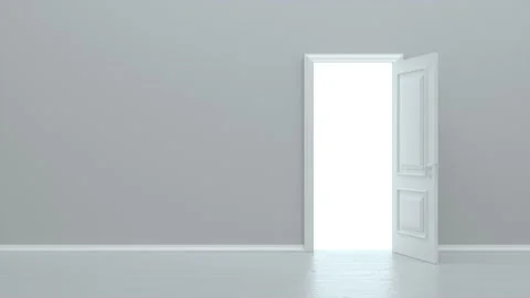 Door in a bright white room opens and fills the space with bright white. Conc Stock Footage 149182566