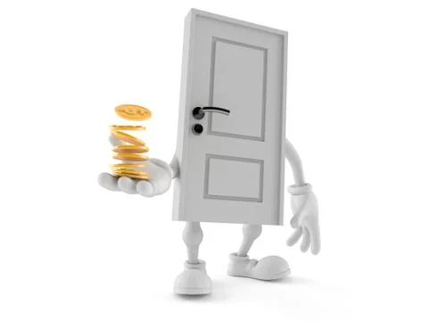 Door character with stack of coins Stock Illustration