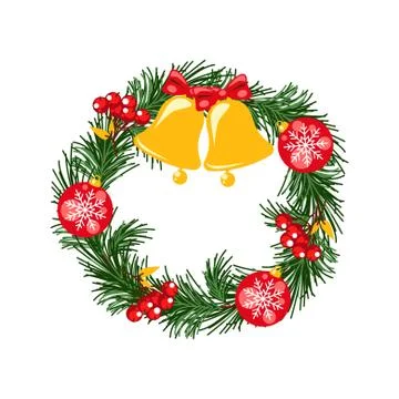 Door christmas decor. Pine tree wreath with bells and balls vector illustration. Illustrazione stock