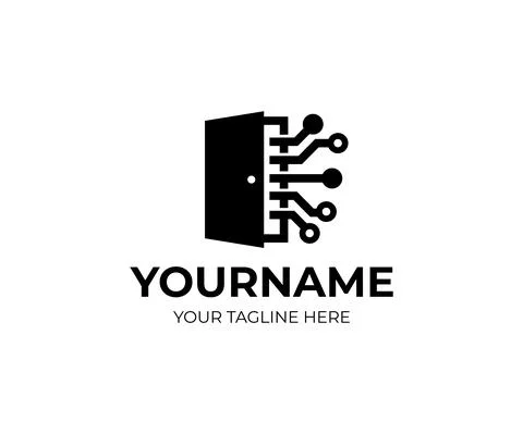 Door with circuits electronics grid, technology and innovation, logo design Stock Illustration