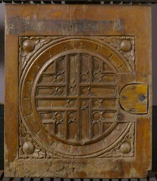 . Door of a corner of oak, decorated with rectangular rectified rod work i... Foto stock