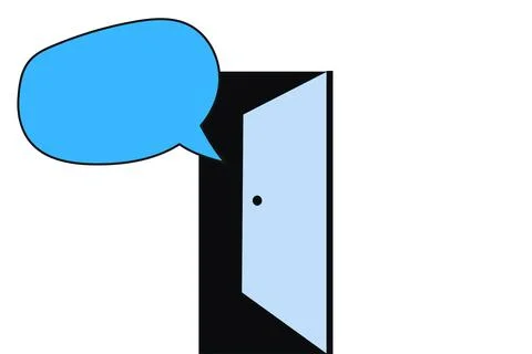 Door emitting blue thought bubbles Stock Illustration