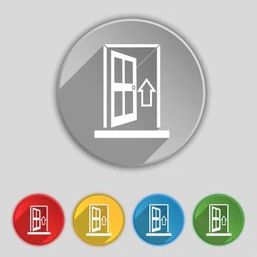 Door, Enter or exit icon sign. Symbol on five flat buttons. Vector Stock Illustration
