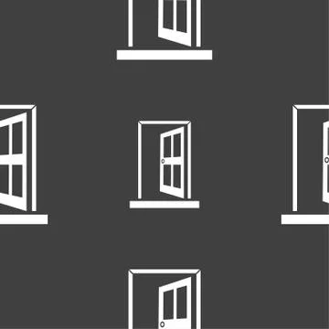 Door, Enter or exit icon sign. Seamless pattern on a gray background. Illustrazione stock