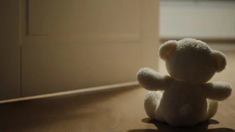 Door In Front Of Plush Bear Toy Leaving At Home Stock Footage 124623680