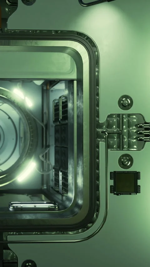 Door of a futuristic machine with lights in a high tech setting Stock Footage 334172885