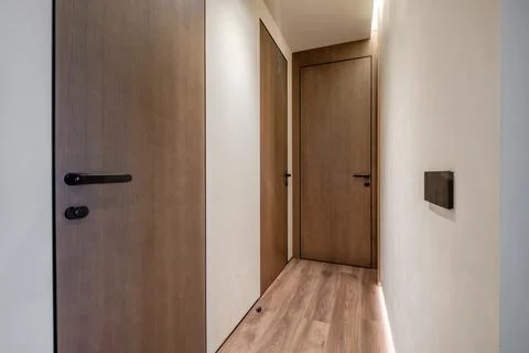 Door handle and light switch next to it in a bright room or office 스톡 사진