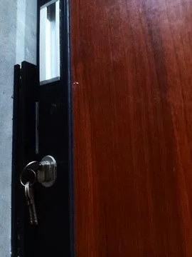 A door handle and lock embedded in the brown door Foto stock