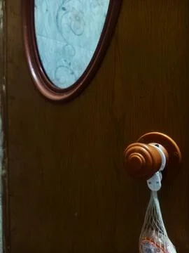 A door handle and lock embedded in the brown door Foto stock
