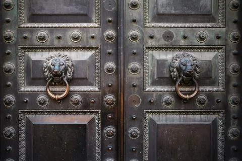 Door handle in the shape of a lion's head on a vintage door. Close-up. Stock Photos