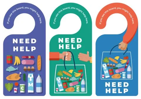 Door hanger labels with Need Help signal - food Stock Illustration