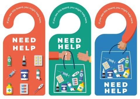 Door hanger labels with Need Help signal - medicines Stock Illustration