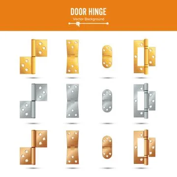 Door Hinge Vector. Set Classic And Industrial Ironmongery Isolated On White Illustrazione stock
