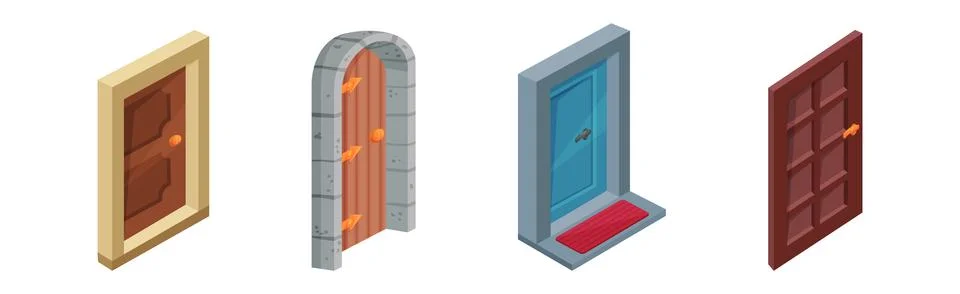Door as Hinged Entry or Exit Isometric Vector Set Ilustración de archivo