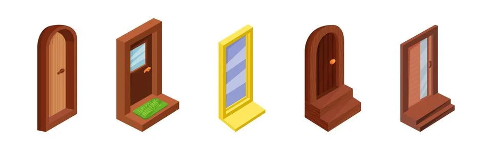 Door as Hinged Entry or Exit Isometric Vector Set Ilustración de archivo
