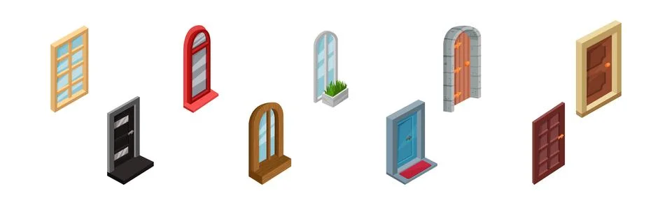 Door as Hinged Entry or Exit and Window Isometric Vector Set Ilustración de archivo