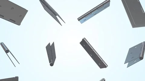 Door Hinges Falling on a Light Blue Background. Metal Hinges 3D Animation. 4K Stock Footage 296871773