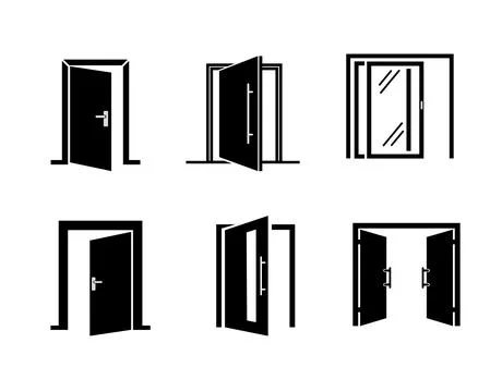 Door icon set with open, closed and entrance symbols Stock Illustration