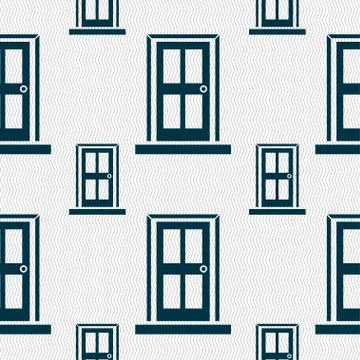 Door icon sign. Seamless pattern with geometric texture. Stock Illustration
