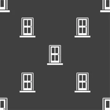 Door icon sign. Seamless pattern on a gray background. Stock Illustration