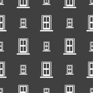 Door icon sign. Seamless pattern on a gray background. Stock Illustration