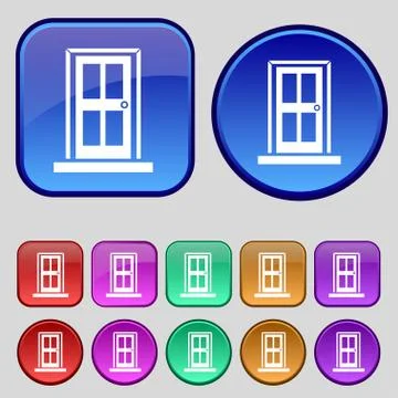 Door icon sign. A set of twelve vintage buttons for your design. Vector Illustrazione stock