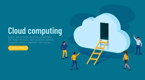 Door to innovation. Cloud computing. Group of people standing around big cloud Stock Illustration