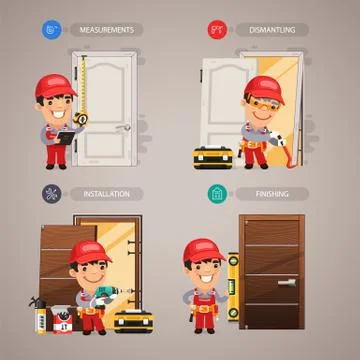 Door Installation Step by Step with Handyman Carpenter Stock Illustration