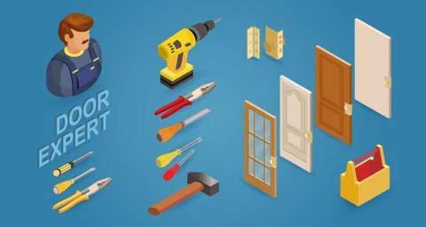 Door installing service. Isometric concept. Worker, equipment. Stock Illustration