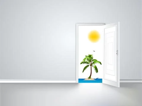 Door to island view behind an open door concept Illustrazione stock