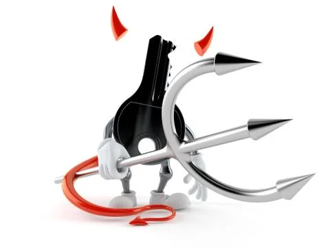 Door key character with devil horns and pitchfork Stock Illustration