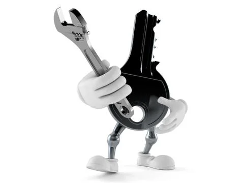 Door key character holding adjustable wrench Illustrazione stock