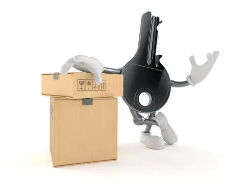 Door key character with stack of boxes 스톡 일러스트