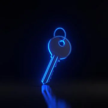 Door key with ring with bright glowing futuristic blue neon lights Illustrazione stock