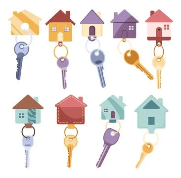 Door keys keyfobs set. Ring with trinket, keychains plastic tag hanging on Ilustración de archivo