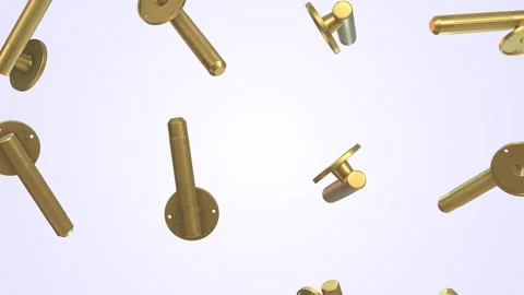 Door Knobs Falling on a Light Background. Golden Door Knobs 3D Animation. 4K Stock Footage 296576923
