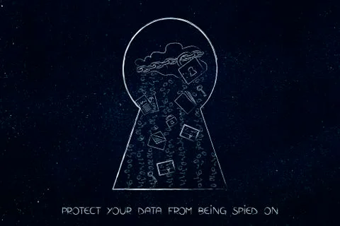 Door lock with digital cloud and data leak behind it, protect your data Stock Illustration