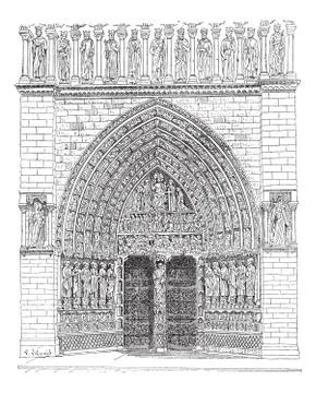 Door, Middle of the front Of Notre-Dame de Paris or Notre Dame Cathedral, vin Ilustración de archivo