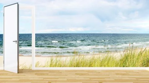 Door open and beach view for artwork-3D Rendering Stock Illustration