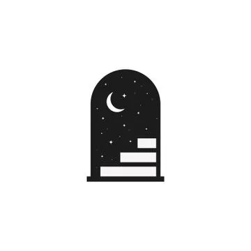 Door is open and starry night. Doorway with the moon. Vector on isolated white Stock Illustration