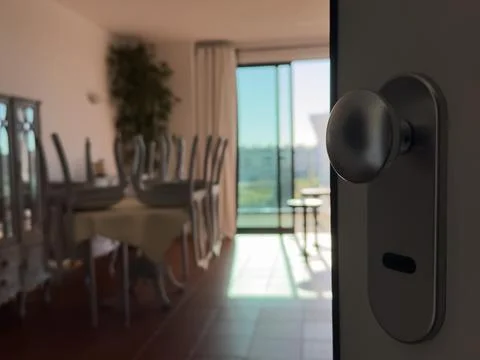 Door open close up view. Retro doorknob on white vintage wooden door, blur .. Stock Photos