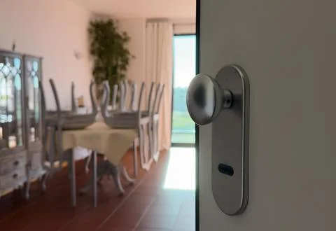Door open close up view. Retro doorknob on white vintage wooden door, blur .. Stock Photos