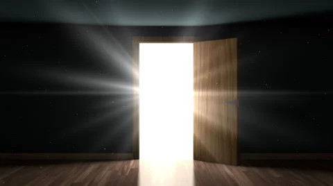 Door open. Light and particles in a room through the opening door Stock Footage 60043592