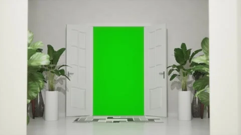 Door Opening Animation In A Light White Room, Green Screen Chroma Key Stock Footage 281313445