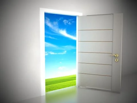 Door opening to blue sky background. 3D illustration Stock Illustration