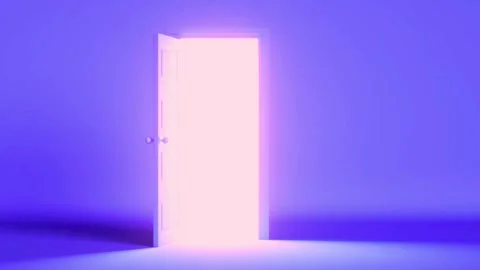 Door opening to bright light in purple room Stock-Footage 341802104