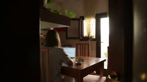 The door is opening in the kitchen, a girl work with laptop, domestic life Stock Footage 160977844