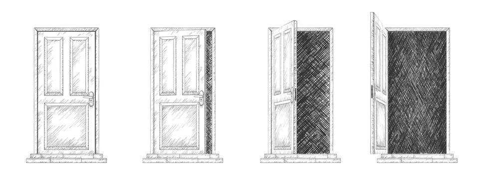 Door opening sequence, set of line sketches, half open and closed doors of Ilustração Stock