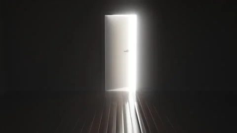 Door opens and a bright light flooding a dark room Stock Footage 192787049