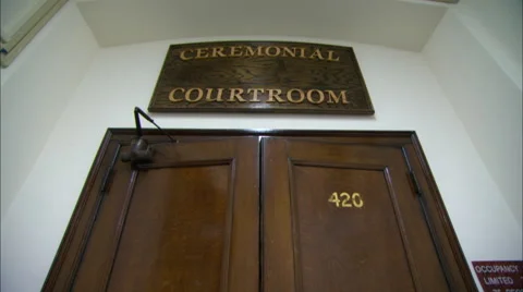Door Opens &amp; Closes to Empty Courtroom in New York HD Video Stock Footage 64483000